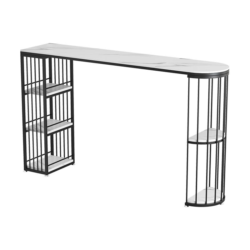Glam White Stone Indoor Bar Dining Table Iron Double Pedestal Bistro Table with Shelve