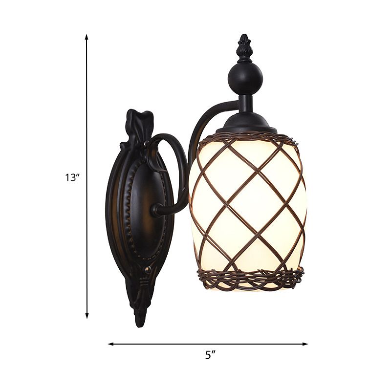 Cylinder Cream Glass Wall Light Fixture Traditional 1 Light Bedroom Wall Lamp with Bamboo-Woven Shade in Black