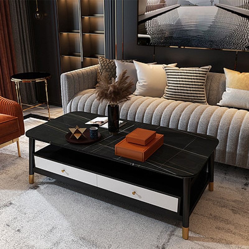 2 - Drawer and 1 - Shelf Coffee Table Rectangular Slate 4 Legs Cocktail Table