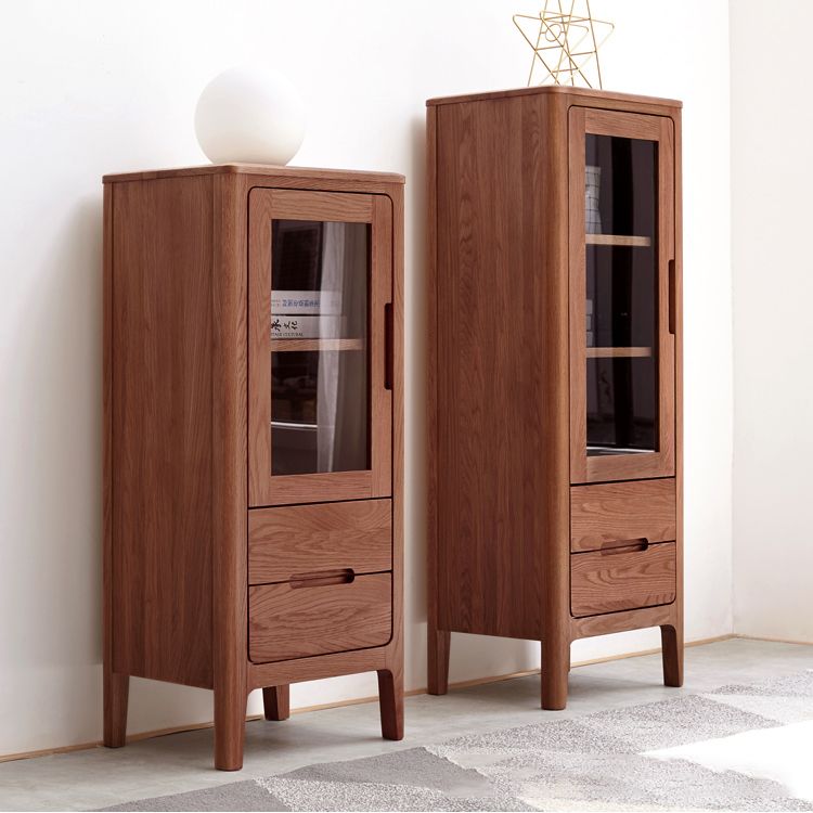 Solid Wood Glass Paned Grooves Accent Cabinet with Door and Drawer