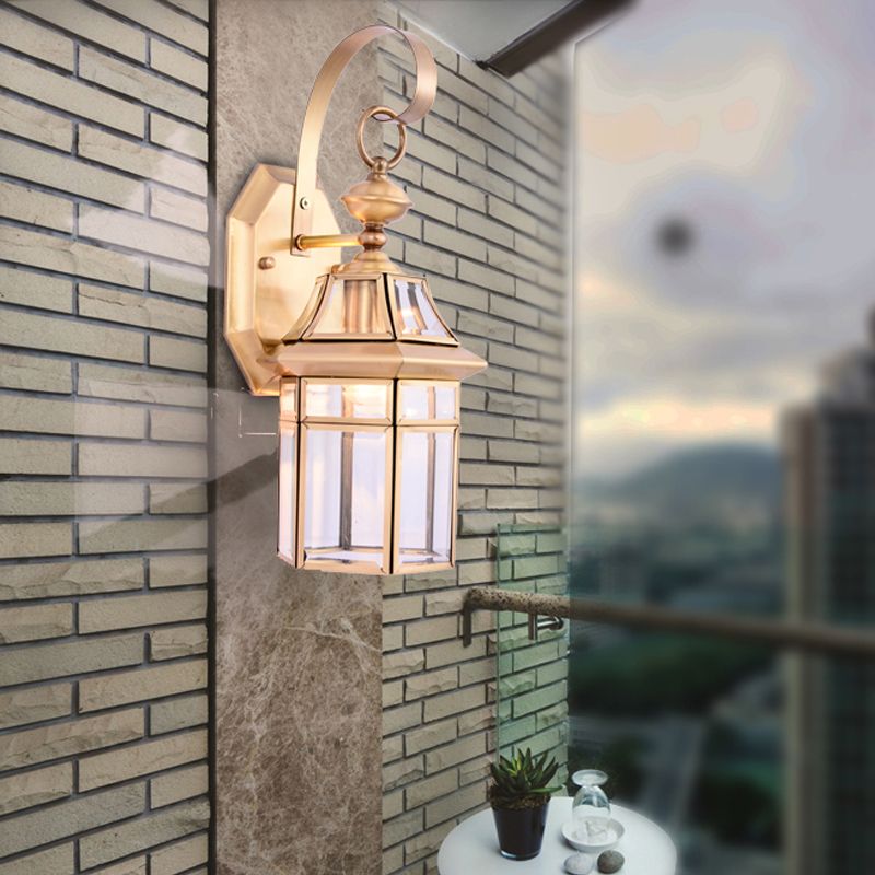 Hexagon Clear Glass Wall Light Tradition 1 Head Brass Flush Mount Wall Sconce for Stairway