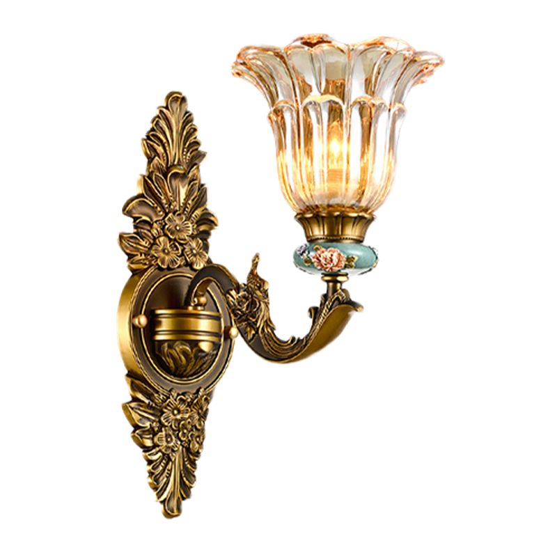 Brass 1/2 Heads  Sconce Light Retro Style Ribbed Glass Flower Wall Mount Lamp with Swooping Arm