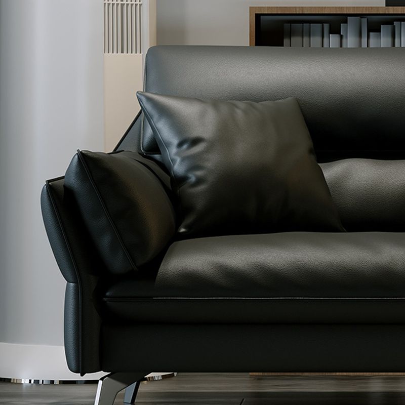 Black Genuine Leather Settee Mid-Century Modern Pillow Top Arm Sofa - 33.5" H