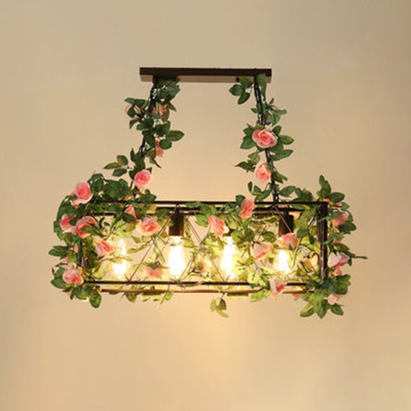 4-Light Rectangle Island Lamp Industrial Black Metal Hanging Light with Faux Plant Decor