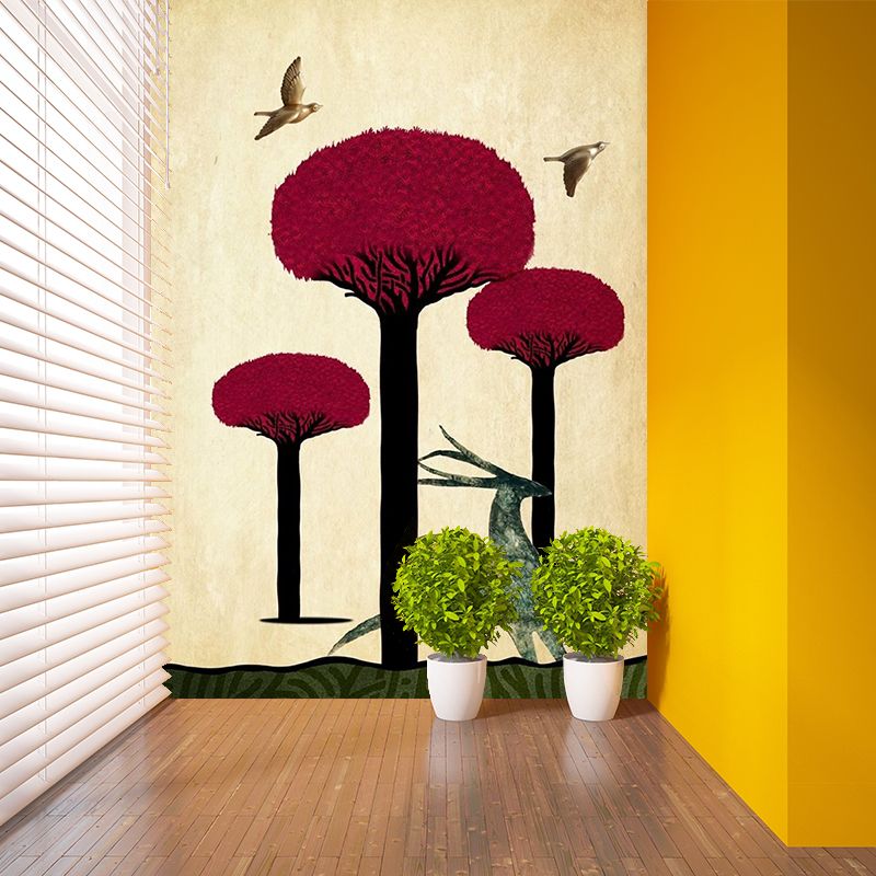 Deer Running Drawing Mural Decal Red and Yellow Modern Style Wall Art for Bedroom