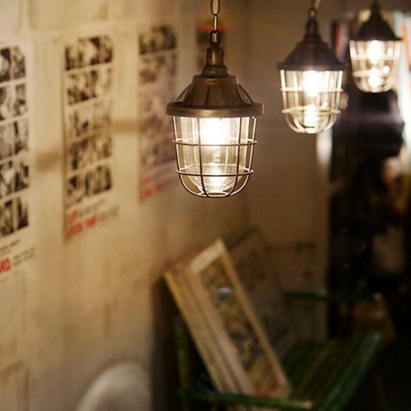 Caged Clear Glass Small Pendant Factory Style 1 Bulb Hanging Light for Restaurant