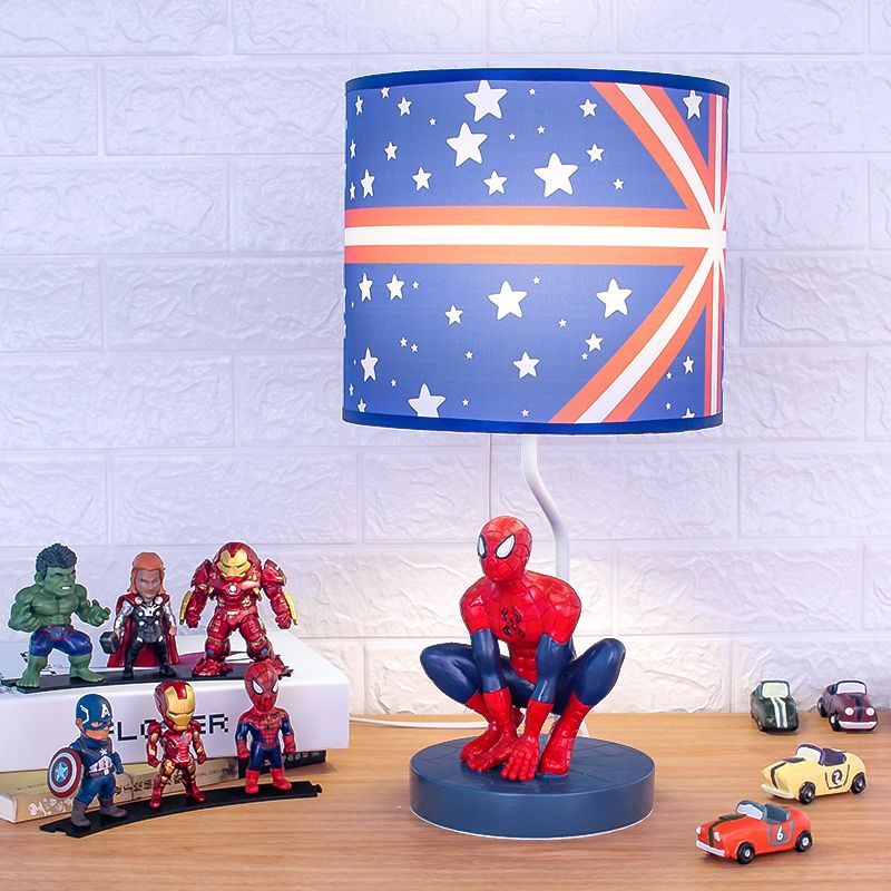 Lampada da comodino a tamburo in tessuto per bambini, 1 lampadina, illuminazione da comodino in blu con motivo a stella per la scuola materna
