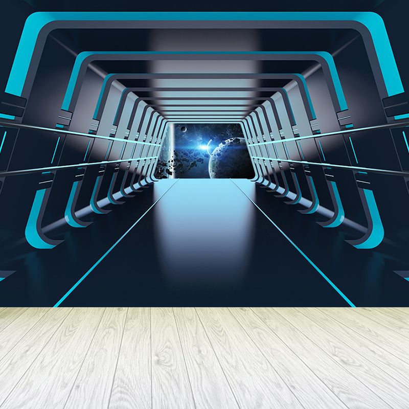 Futuristic Spaceship Hallway Mural Decal for Living Room Personalized Wall Art in Bright Color