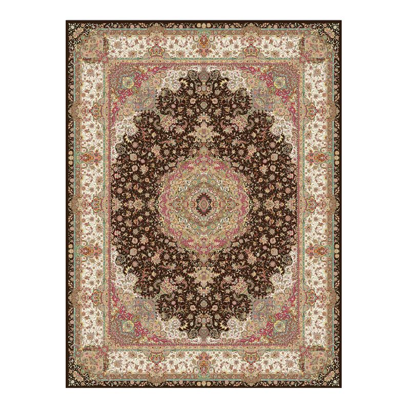 Brown Vintage Rug Polyester Medallion Rug Non-Slip Backing Rug for Home Decor