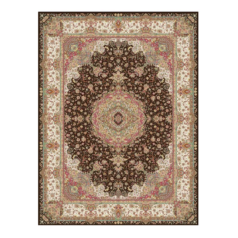 Brown Vintage Rug Polyester Medallion Rug Non-Slip Backing Rug for Home Decor