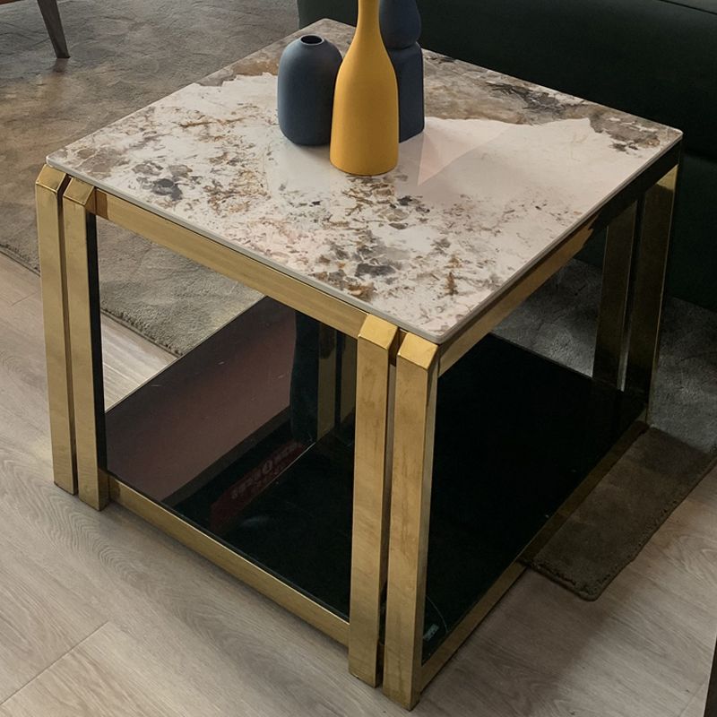 Stone Top End Table with Shelves Glam Frame Sofa Side Table for Living Room