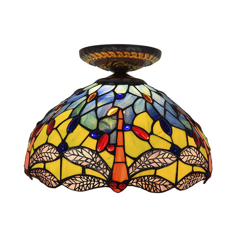 Lampe encastrée Tiffany Dragonfly, 1 ampoule, vitrail proche du plafond, luminaire en laiton