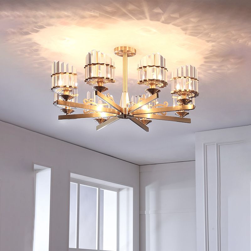 Modernism Sputnik Hanging Light 3/6/8 Heads Three Sided Crystal Rod Ceiling Chandelier in Black/Brass