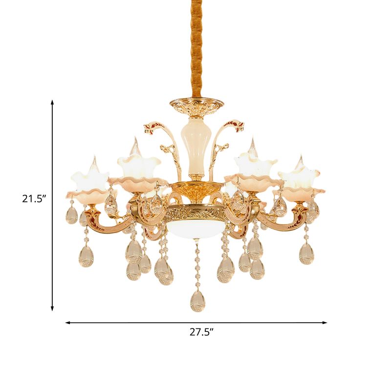 Ruffle Trim Dining Table Suspension Light Traditional Pink Glass 6 Lights Gold Pendant Lighting Fixture
