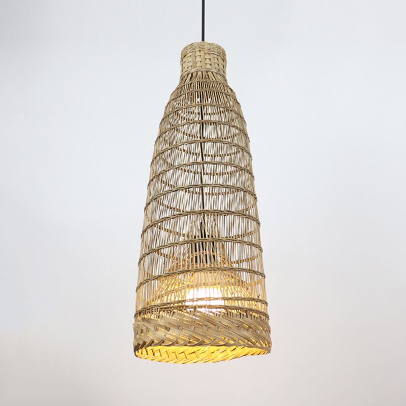 Hand-Worked Rattan Pendant Light Fixture Lodge Style 6"/8" W 1 Head Beige Ceiling Fixture for Restaurant