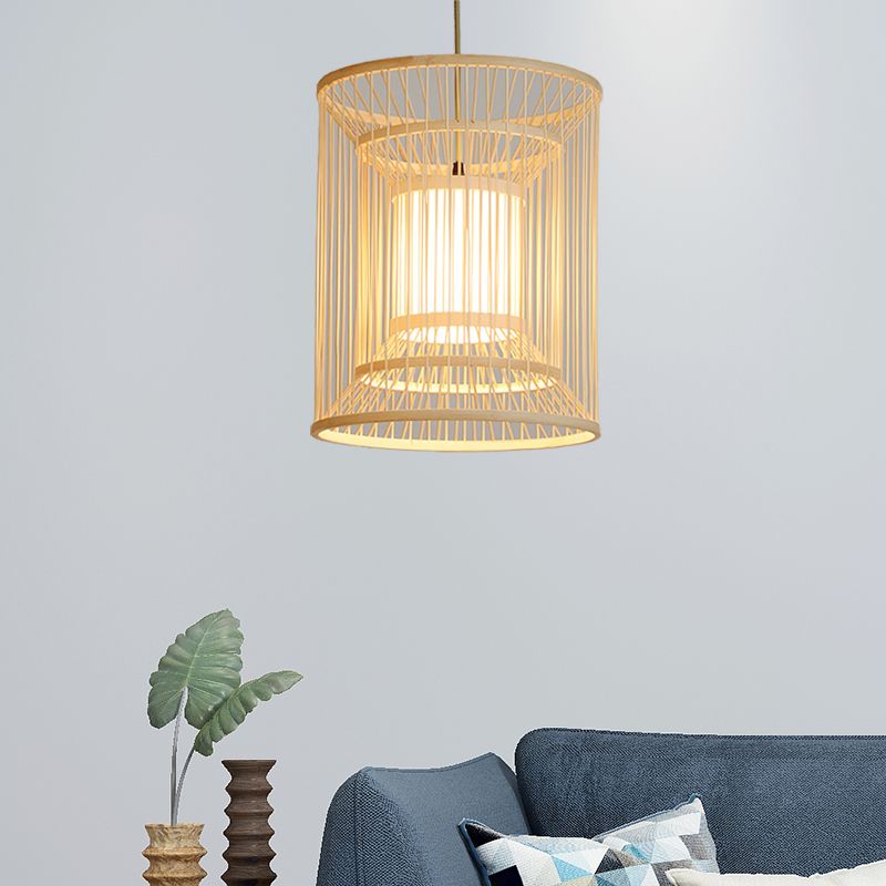 14 "/16" breiter Zylinder Anhängerlampe Asiatischer Stil Bambus 1-Licht beige hängende Leuchte für Esszimmer