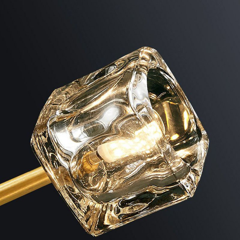 Post-Modern Branch Chandelier Lamp Clear Crystal Cube Living Room Suspension Light in Gold