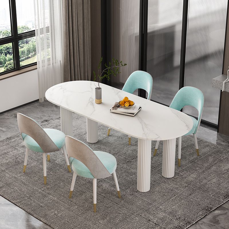 Stone Oval Dining Table Simple White Furniture with Solid Wood Double Pedestal