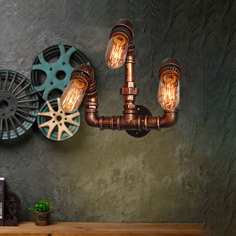 3 Bulbs Wall Sconce Lighting Farmhouse Curved Arm Metal Wall Mounted Lamp in Rust for Bar