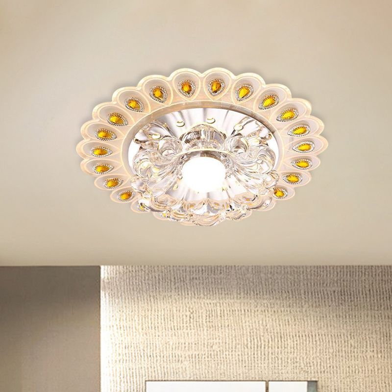 LED Close to Ceiling Lighting Romantic Modern Floral Small Clear Crystal Flush Mount with Peacock Feather Element