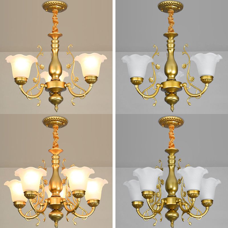 Flower Chandelier Lighting Fixtures Traditional Multi-Head Suspension Light with White Glass Shade
