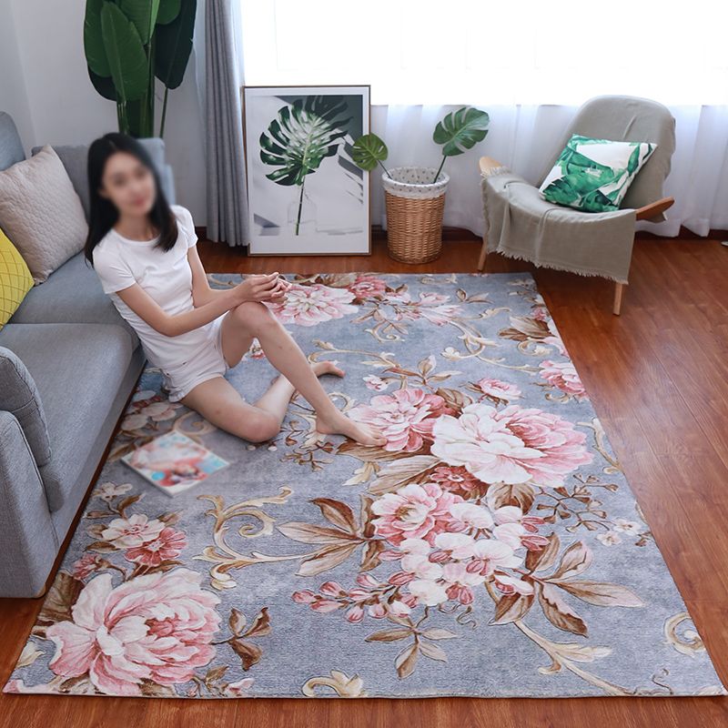 Blue Tone Contemporary Indoor Rug Polyester Plant Print Rug Non-Slip Backing Indoor Rug for Living Room