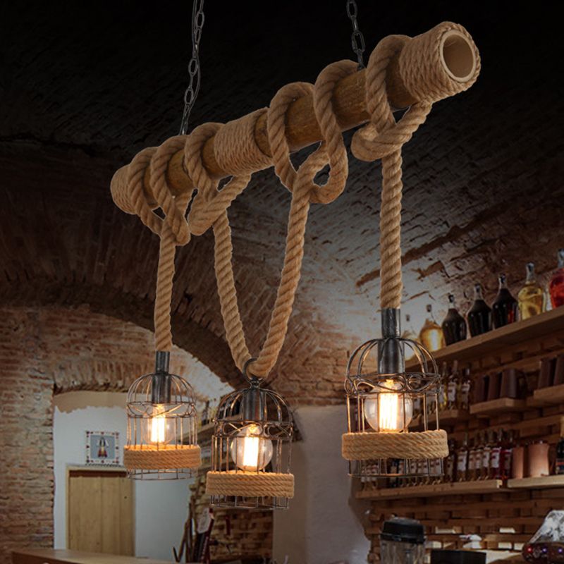 Rope Cage Shade Island Light Fixture Retro Style Restaurant Chandelier Light Fixture in Beige