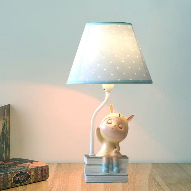 Spot Cone Shade Fabric Table Lamp Kids 1-Light White/Red Night Stand Light with Piggy/Rabbit Base