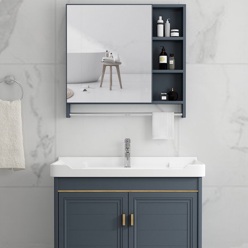 Freestanding Bath Vanity Blue Rectangle Mirror 2 Doors Bathroom Vanity with Single Sink