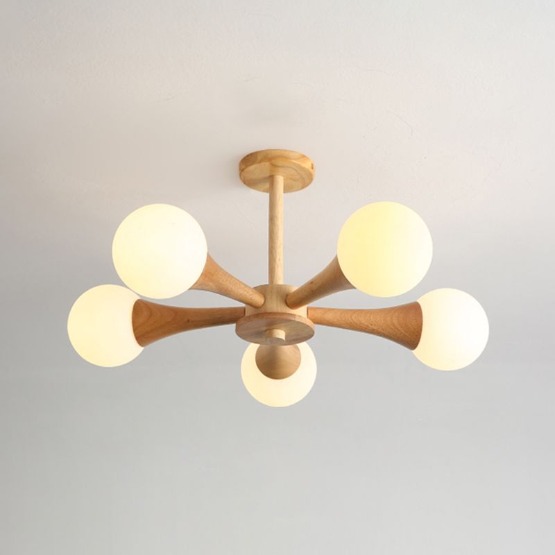 Nordic Pendant Light Fixture Globe Glass Living Room Chandelier in Wood