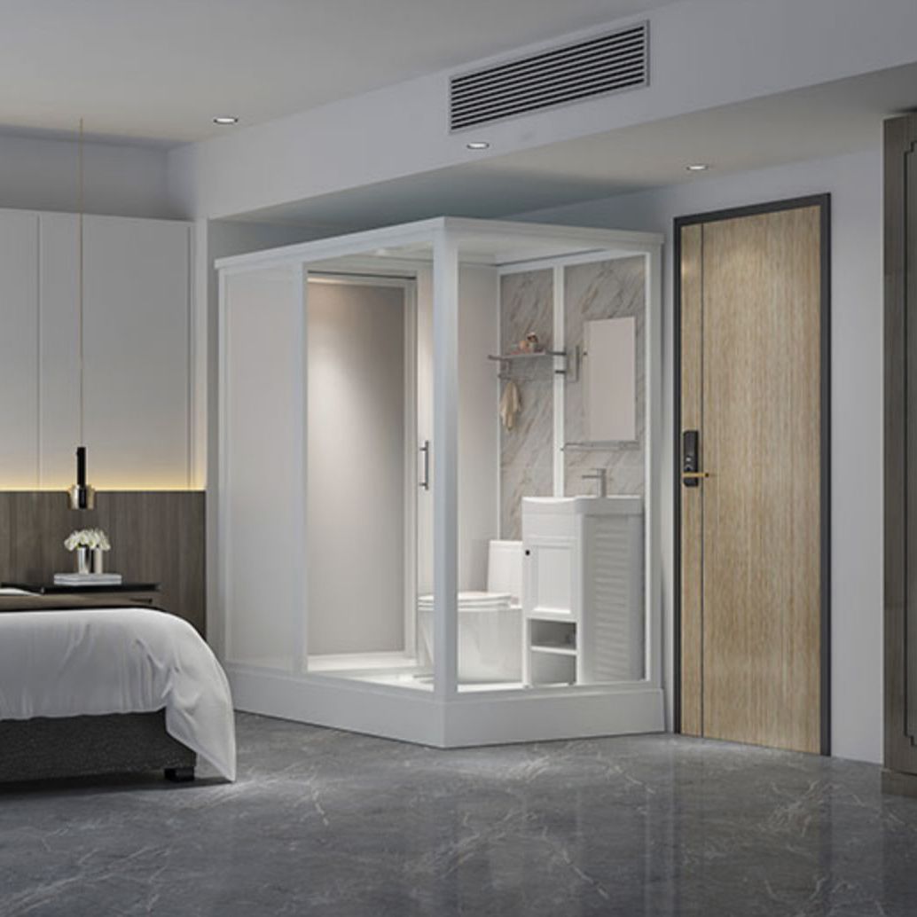 Framed White Shower Kit Corner Rectangle Frosted Shower Stall