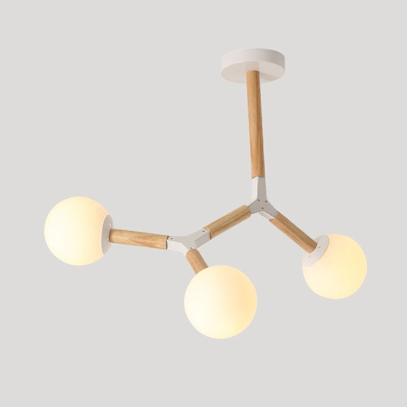 Lampadario molecolare nordico in legno soggiorno luce a sospensione con sfera di vetro opale
