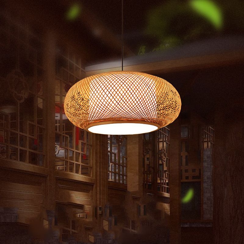 Drum Beige Down Pendant Chinese Bamboo Hanging Ceiling Light with 1 Light