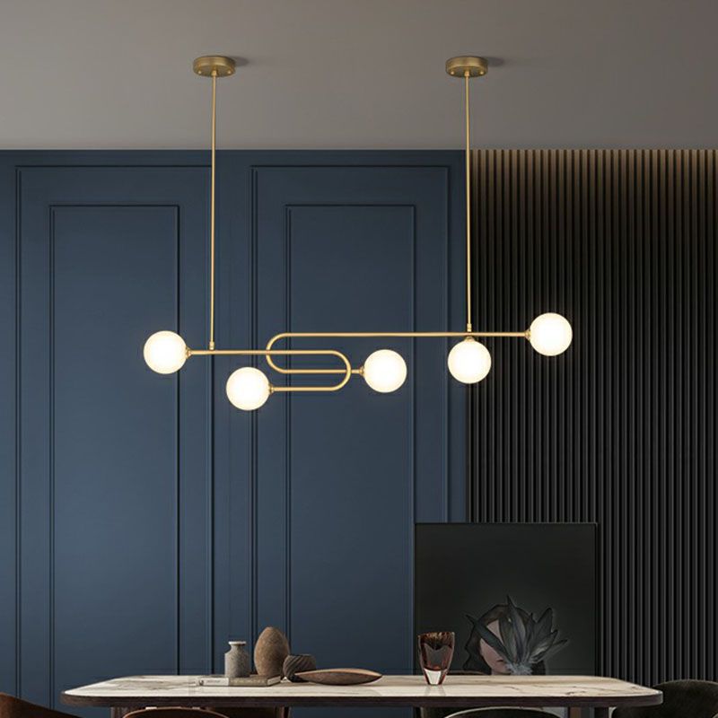 Minimalist U-Shaped Suspension Light Metal Dining Room Island Light with Ball Milky Glass Shade in Gold