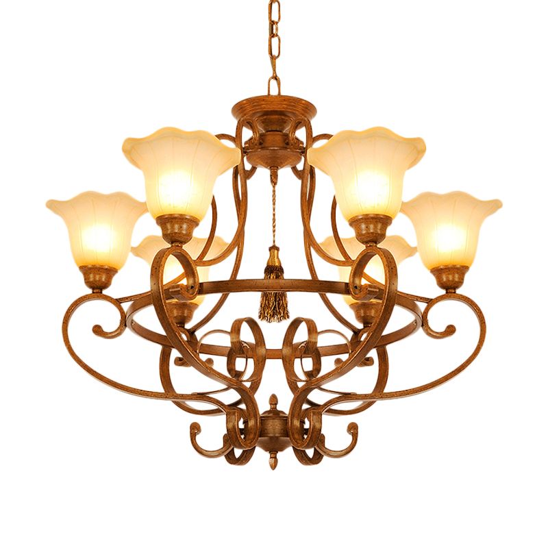 Brown 6 Lights Hanging Chandelier Traditional Frosted Glass Flared Pendant Lighting Fixture with Curvy Arm
