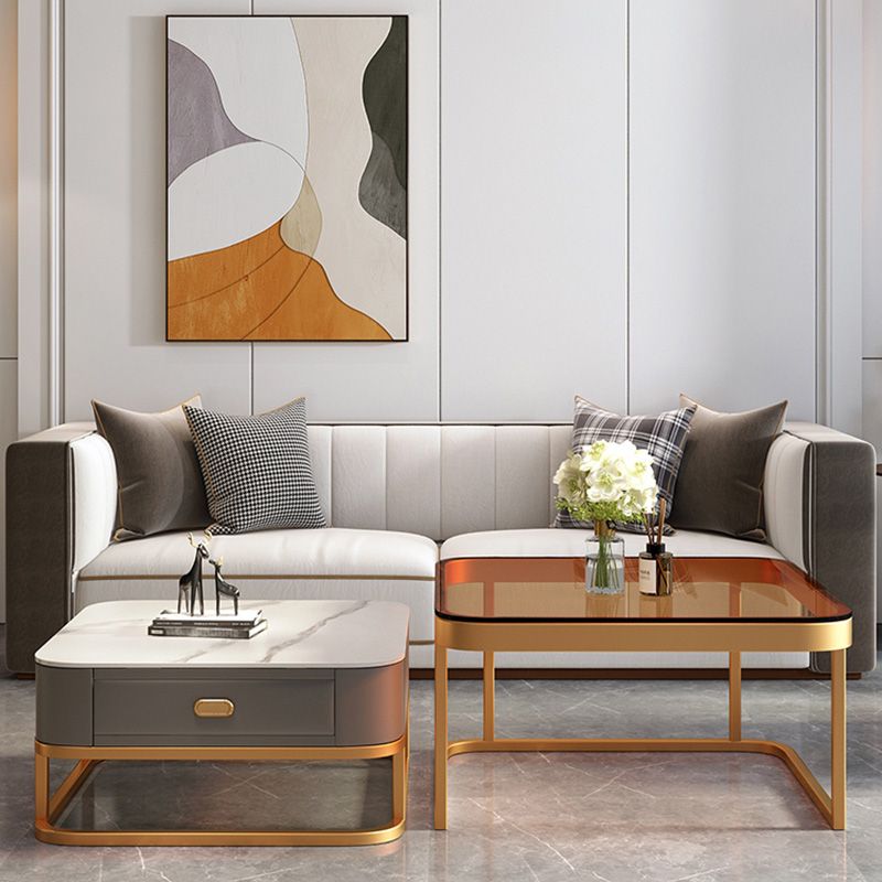 Modern Metal Frame Cocktail Table Square Glass / Slate Coffee Table with Drawer