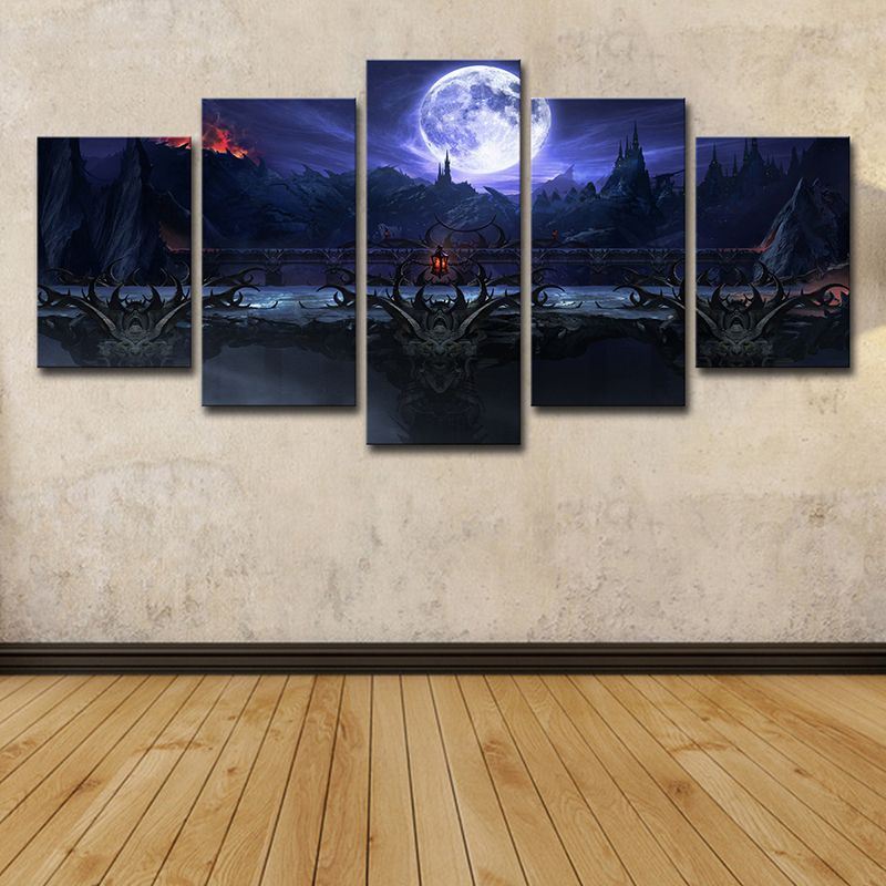 Game Scene Wall Art Kids Gloomy Full Moon Castle Night Canvas Print in Dark Blue