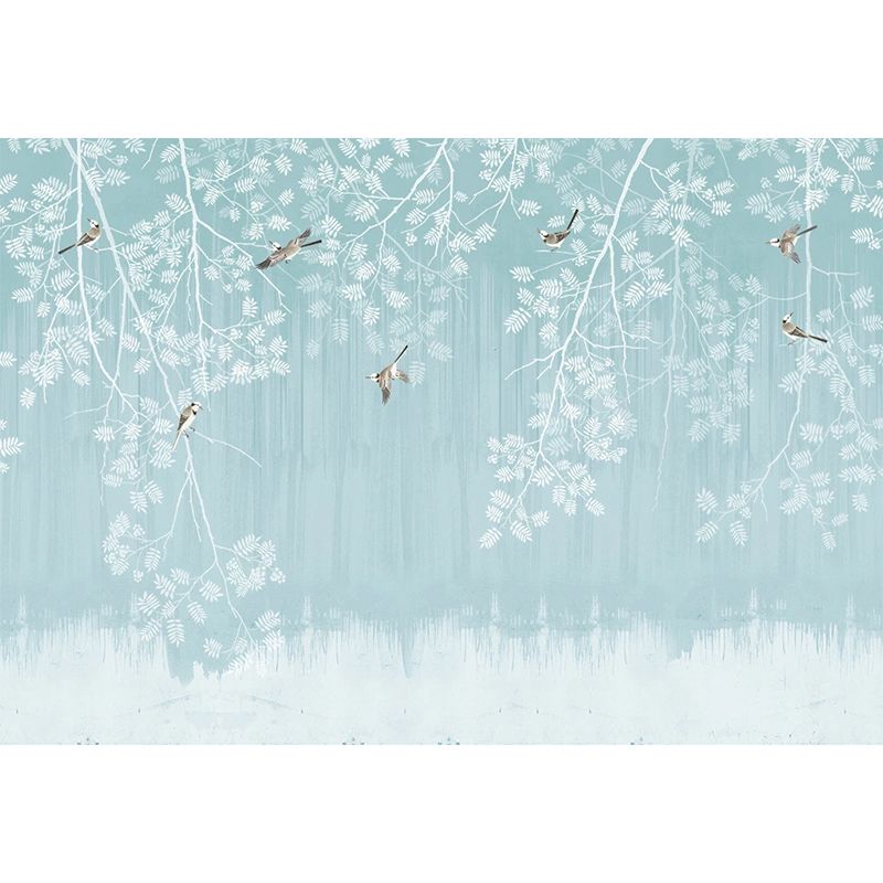 Blue and White Chinese Mural Wallpaper Custom-Printed Bird and Plant Wall Art for Home Decor