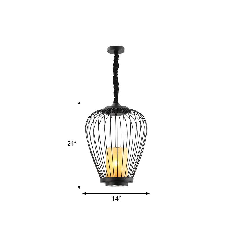 Caged Dining Room Ceiling Lighting Metal 14"/18" W 1 Head Modern Style Suspension Lamp with Cylinder Fabric Shade