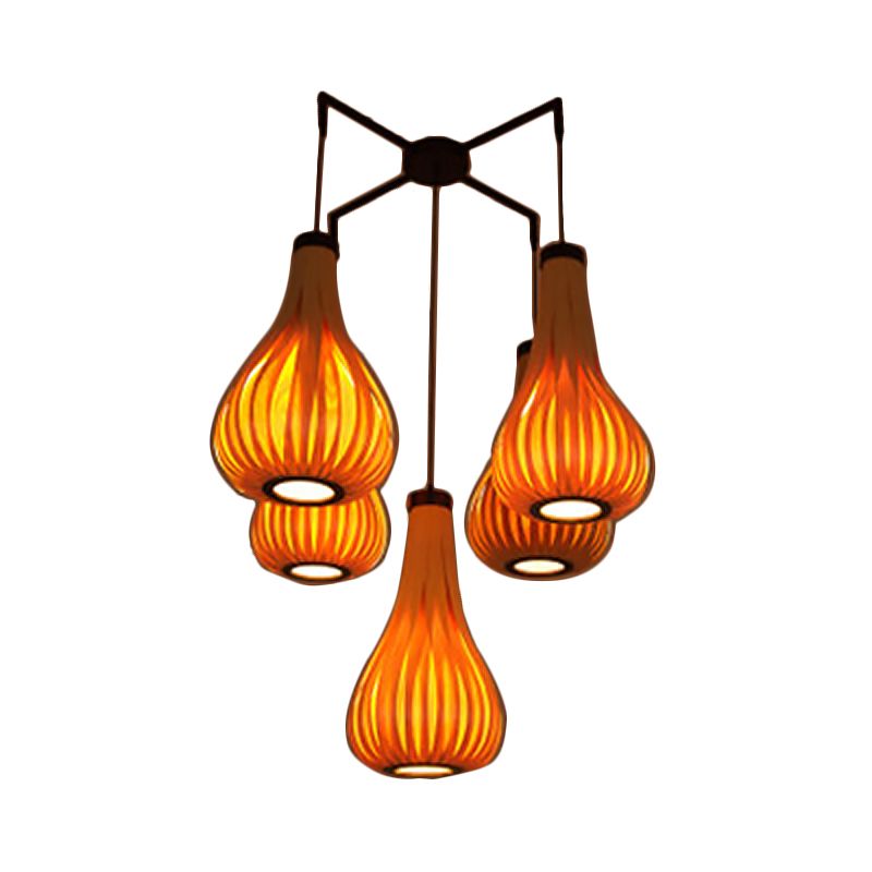 Wood Veneer Teardrop Pendant Light Asian Style 5-Light Light Brown/Dark Brown Hanging Light Fixture for Restaurant