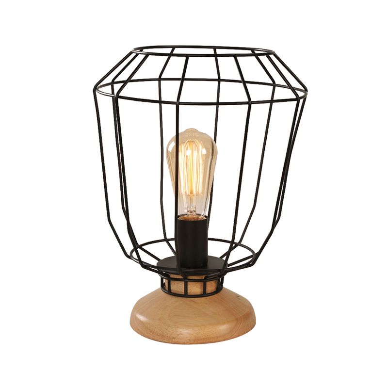 1 lampe de table de bulbe industrielle élégante poire / barillet ombre en métal et lampe à tâche en bois avec garde de fil en noir pour chambre à coucher
