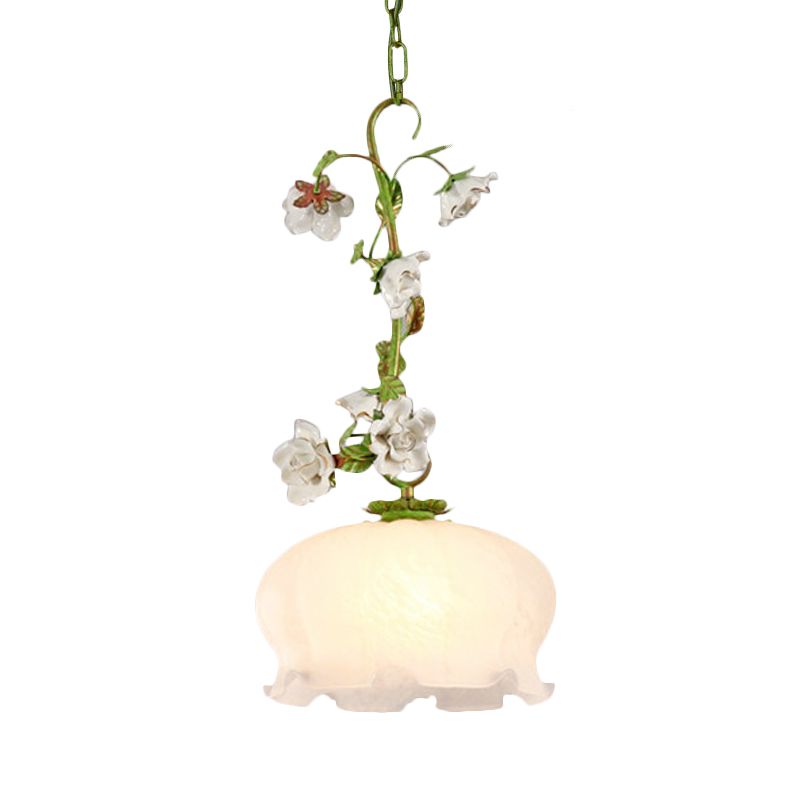Scalloped Dining Room Hanging Pendant Pastoral White Glass 1-Bulb Green Suspension Light