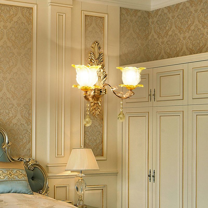 Gold Wall Mount Light Retro Glass Floral Shade Wall Lighting with Hanging Crystal