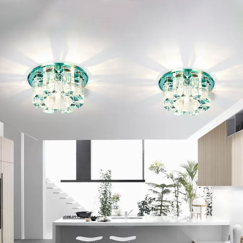 Rectangle Flush Light Simplicity Blue/Gold/Tan Crystal LED Corridor Flush Mount Fixture in Warm/White Light with Round Design