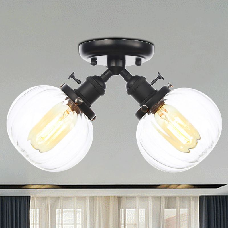 Amber/Clear Glass Ball Semi Flush Light Industrial Style Style 2 Heads Black/Bronze Affermazione per il ristorante