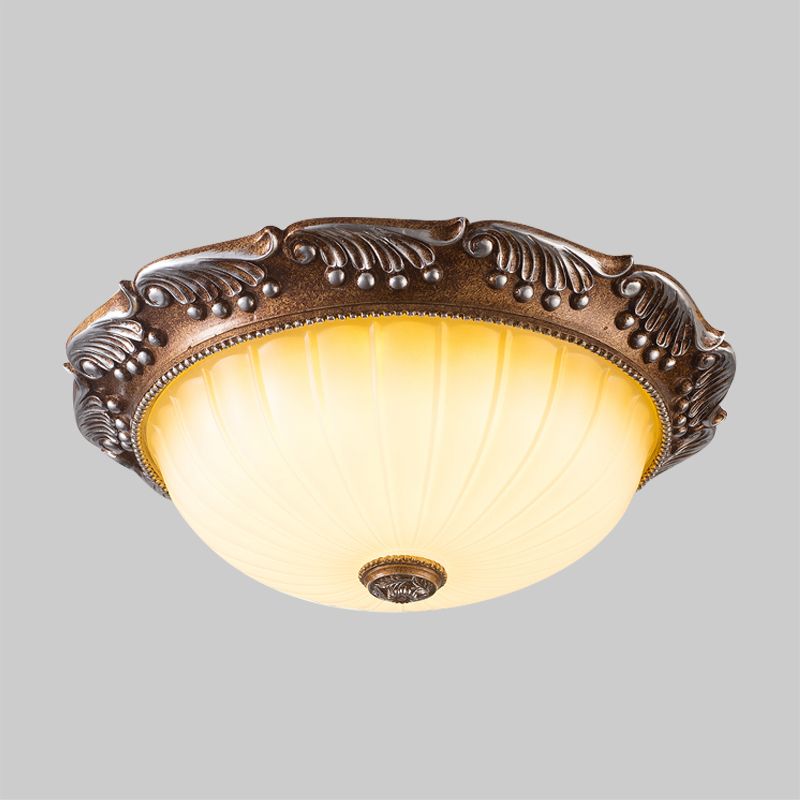 Brown 14"/16" W LED Ceiling Fixture Country Style Fluted Opal Glass Domed Flush Mount Lighting