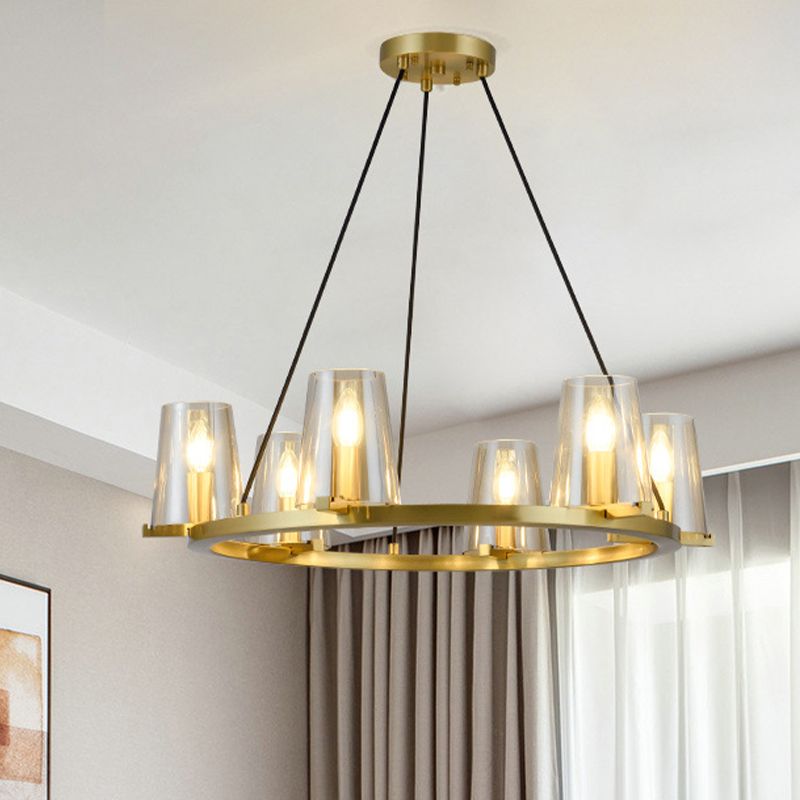 6/8-Bulb Cone Hanging Chandelier Colonialist Gold Clear Glass Pendant Lighting with Round Design
