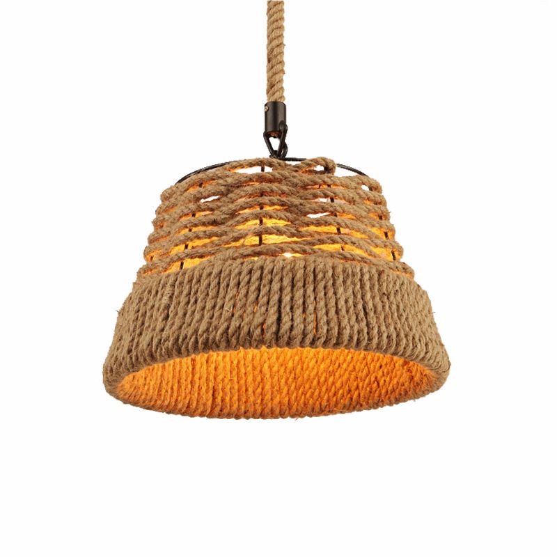 Rustic Bowl Ceiling Light Beige Hemp Rope 1 Light Restaurant Hanging Pendant Lighting