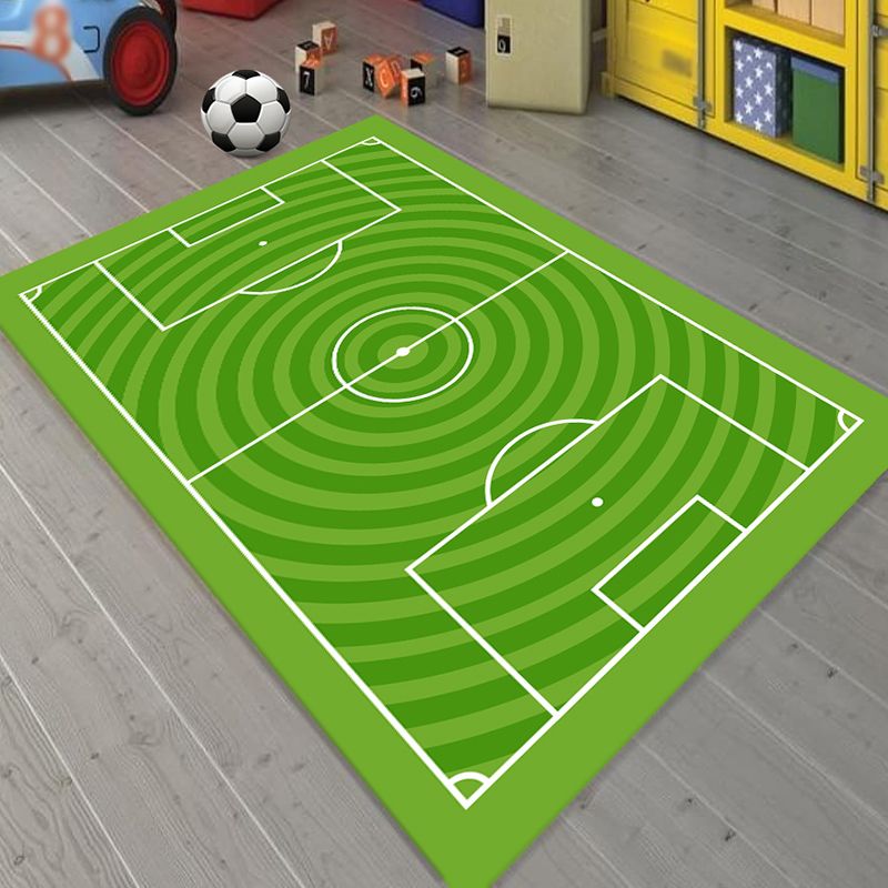 Green Living Room Rug Soccer Field Pattern Polyester Area Carpet Non-Slip Backing Area Rug