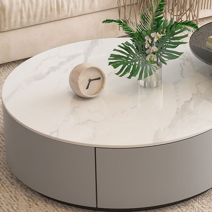 Drum Coffee Table Contemporary Stone Cocktail Table with 2 Storage Drawers